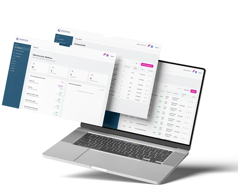 CalmCloud workforce competence platform shown across a laptop and dashboard screens